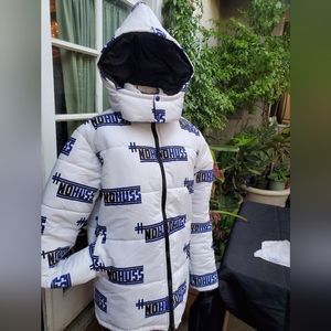 Puffer jacket white with blue and black lettering new no tags size large